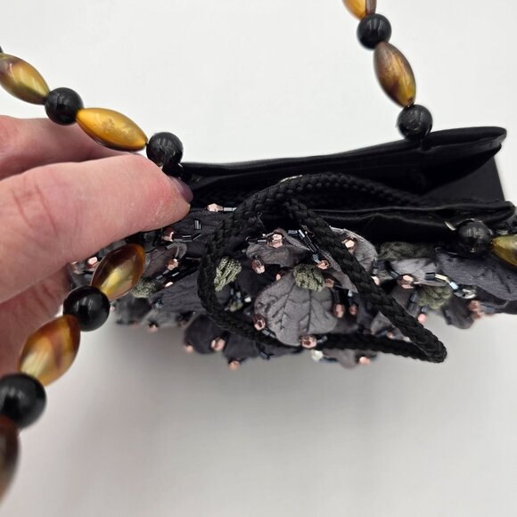 Beaded Handle Black Evening Bag With Floral Embellishments - Picture 8 of 8